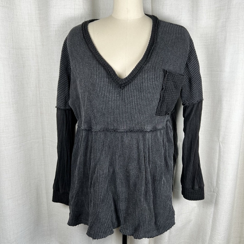 POL Textured Waffle Knit Oversized Babydoll Top Medium Boho Grunge Charcoal Grey